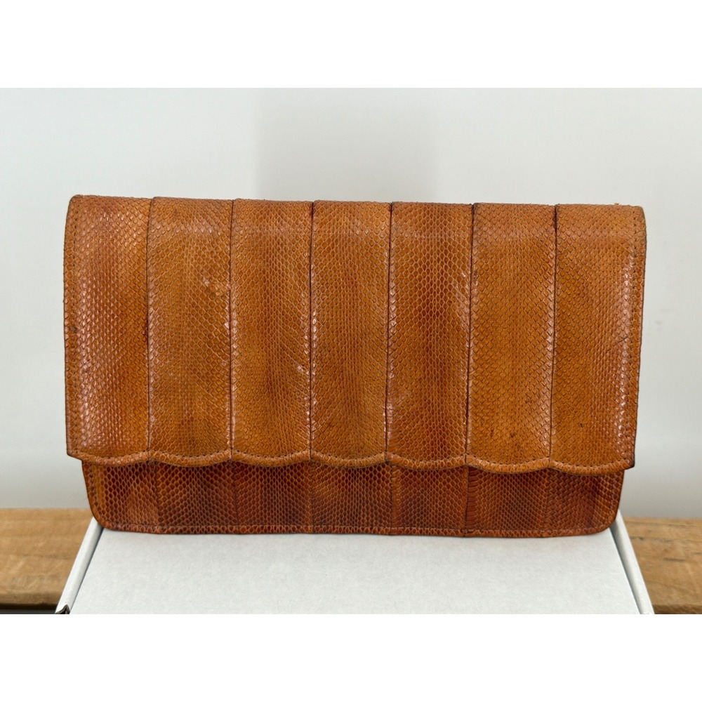 Vtg Cognac Brown Snakeskin Leather Clutch Scalloped Paneled Rosita International